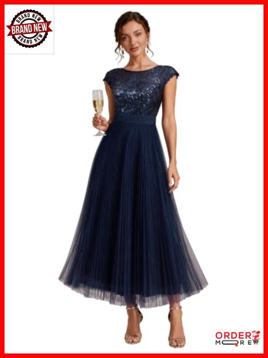 Dresses & Skirts - Sequin Round Neck Cap Sleeve Midi A-Line Formal Wedding Guest Dress